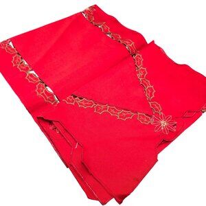 Red Embroidered Table Runner Set With Gold Holly & Poinsettia Design VR1804